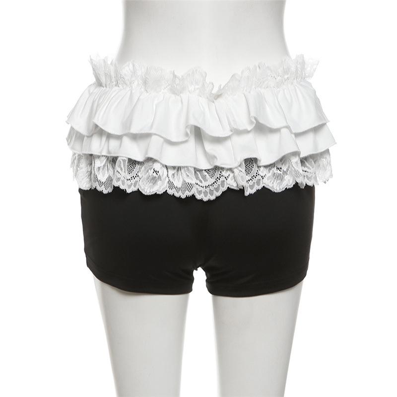 Lace hem ruched bowknot ribbon short pant