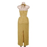 Halter self tie hollow out slit zip-up lace maxi dress