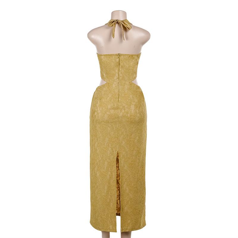 Halter self tie hollow out slit zip-up lace maxi dress