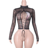 Long sleeve high neck lace up sheer mesh print top