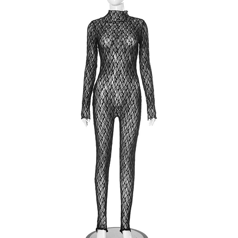 Long sleeve lace high neck zip-up see through jumpsuit