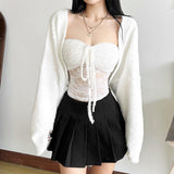 Long sleeve fluffy lace solid 2 piece coat top
