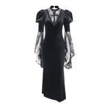 Robe midi en velours et dentelle à col ras du cou et manches longues évasées 
