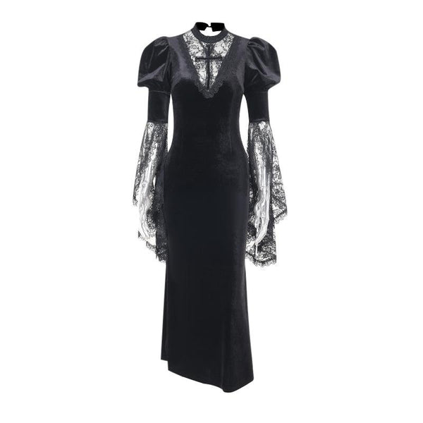 Robe midi en velours et dentelle à col ras du cou et manches longues évasées 