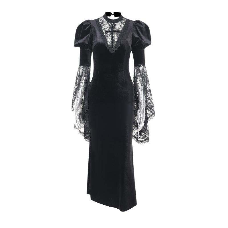 Robe midi en velours et dentelle à col ras du cou et manches longues évasées 