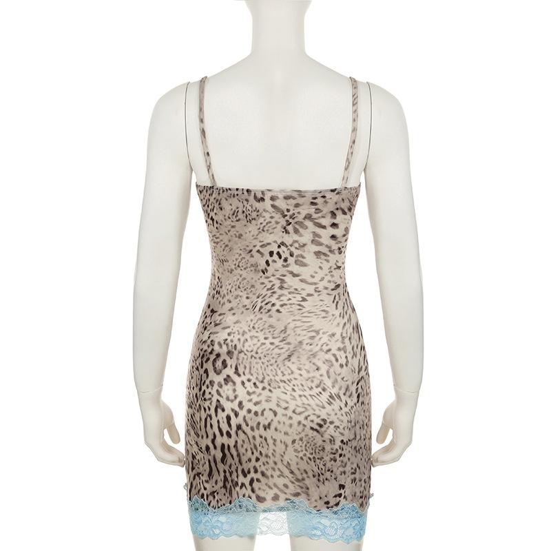 Leopard print v neck lace hem cami mini dress