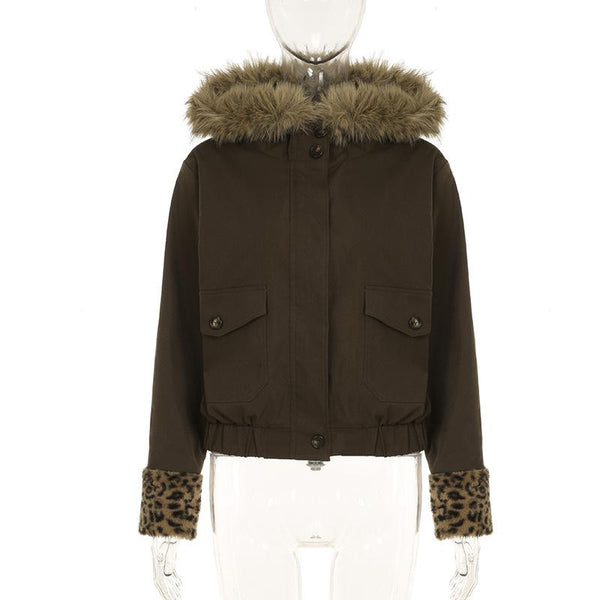 Sudadera con capucha mullida de manga larga con estampado de leopardo y bolsillo con cremallera 