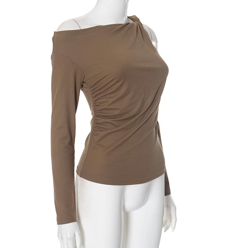 Hollow out long sleeve ruched one shoulder knotted top