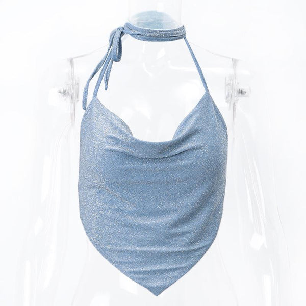 Halter self tie button cowl neck backless top
