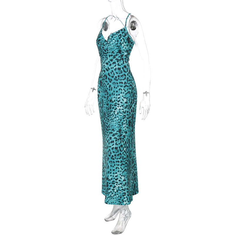 Robe longue à imprimé léopard, col bénitier et dos croisé 