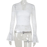 Long flared sleeve v neck lace solid top