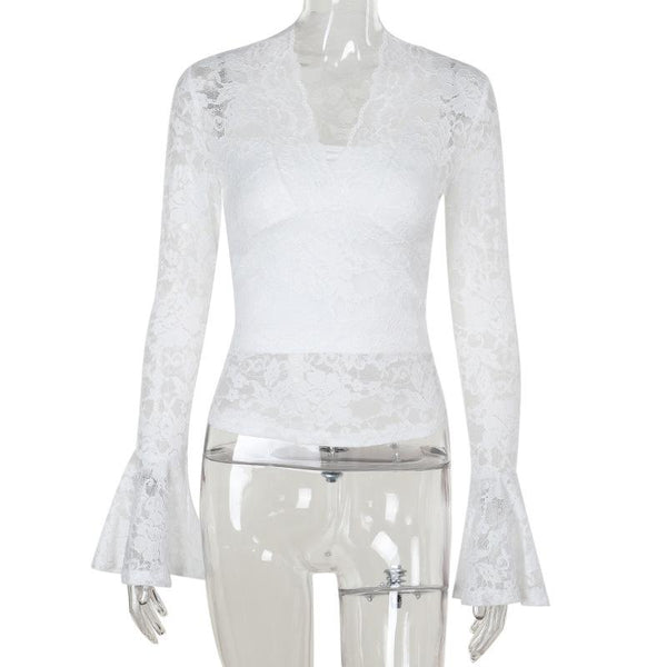 Long flared sleeve v neck lace solid top