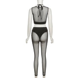 Ensemble pantalon taille moyenne en maille ajourée à col ras du cou 