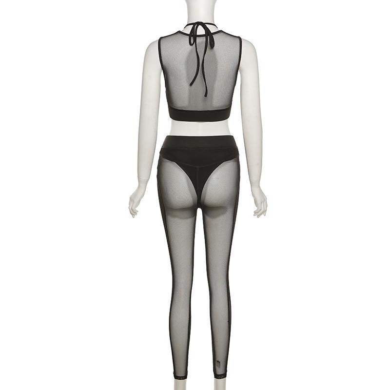 Ensemble pantalon taille moyenne en maille ajourée à col ras du cou 