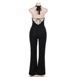 Halter self tie deep V neck lace backless jumpsuit