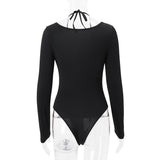 Long sleeve halter self tie v neck button bodysuit