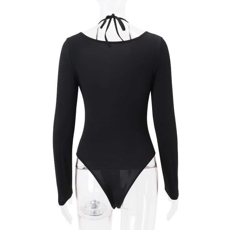 Long sleeve halter self tie v neck button bodysuit