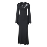 Long flared sleeve hollow out crewneck maxi dress