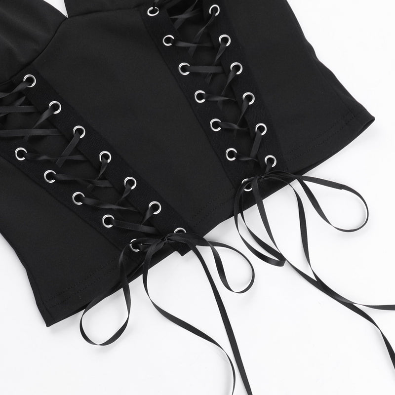 Top liso con cuello en V, espalda descubierta, cordones y lazo en el cuello 