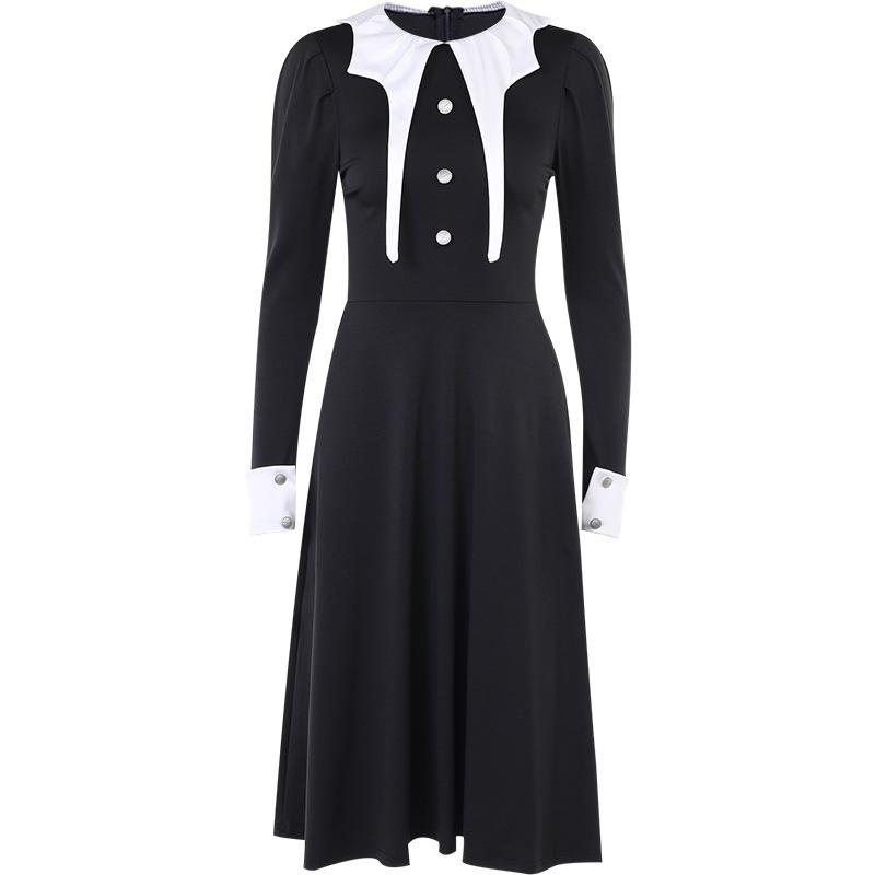 Robe midi zippée à manches longues et col ras du cou avec boutons appliqués 