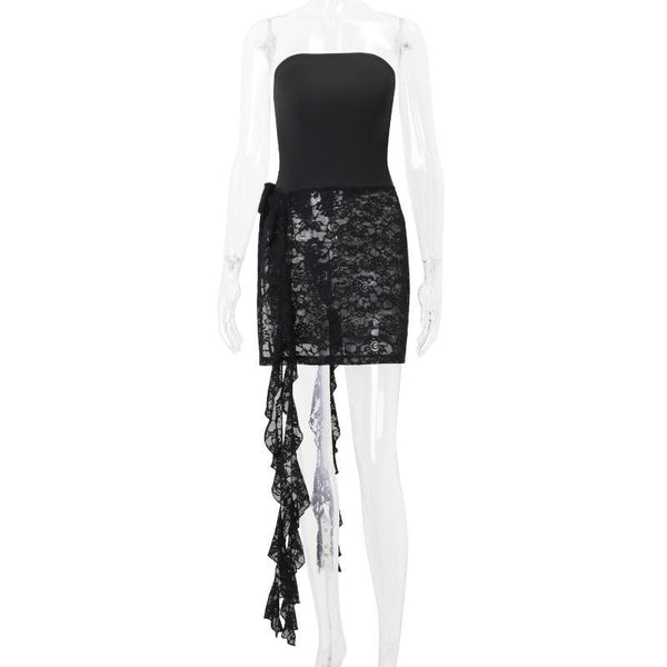 Lace patchwork slit solid backless tube top