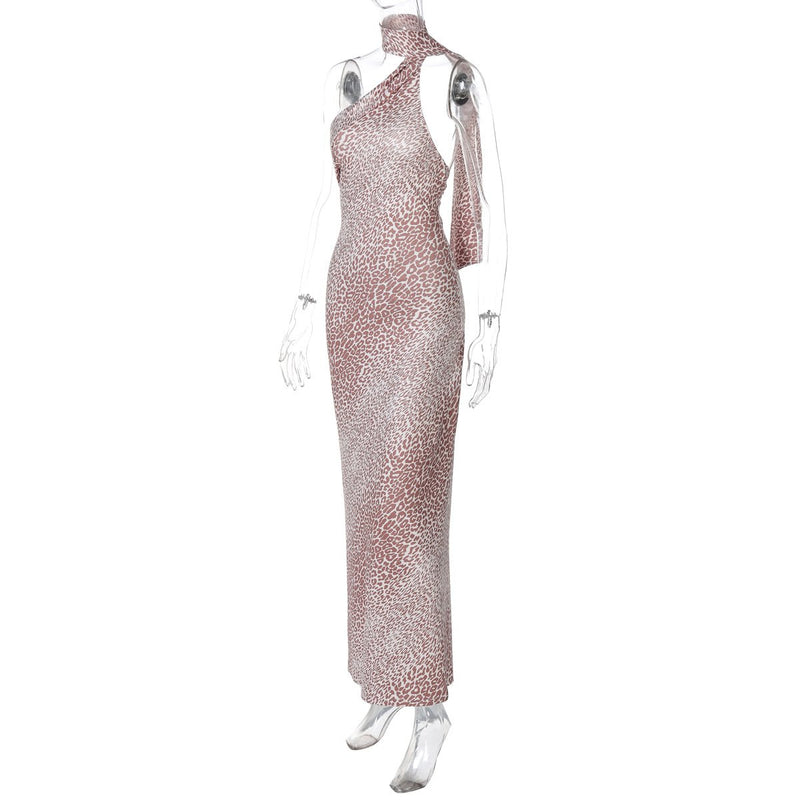 Robe longue contrastée à imprimé léopard et dos nu irrégulier 