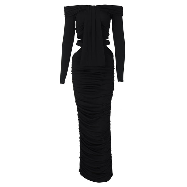 Robe longue ajourée à manches longues et épaules dénudées 