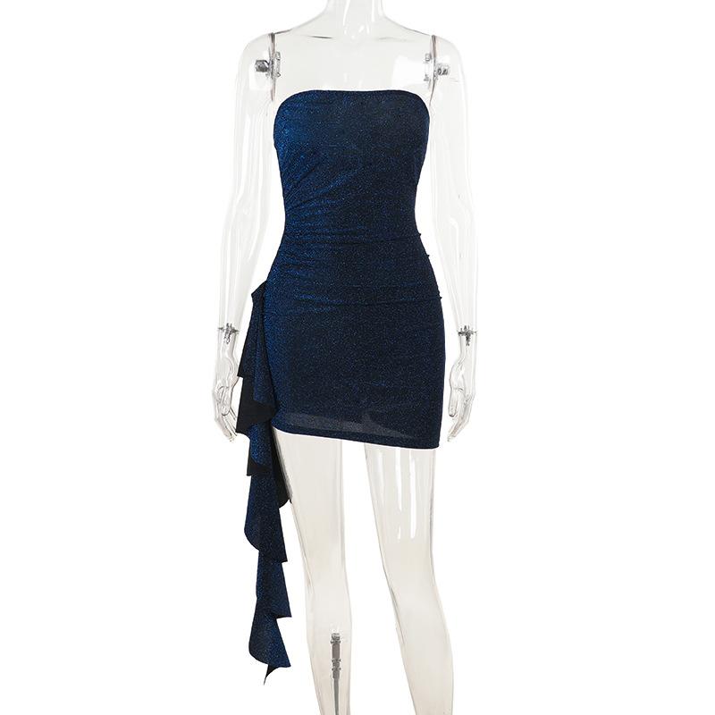 Mini-robe tube dos nu irrégulière à volants et froncés 
