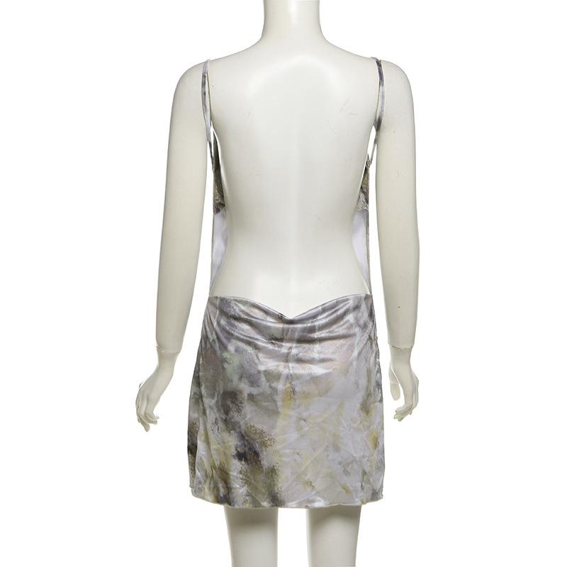 Cowl neck print backless contrast cami mini dress