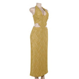 Halter self tie hollow out slit zip-up lace maxi dress