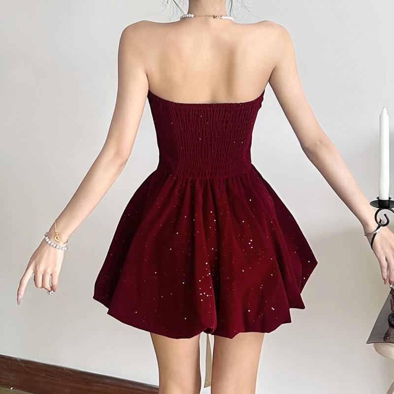 Bowknot smocked ruched backless tube mini dress
