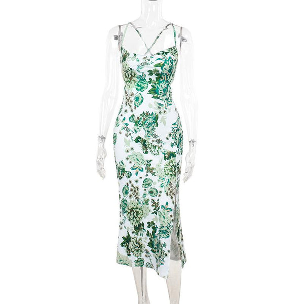 Robe midi à imprimé fleuri, dos croisé, col en U et fente 