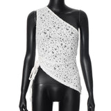 One shouler drawstring lace fluffy top
