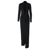 Long sleeve hollow out high slit ruched maxi dress