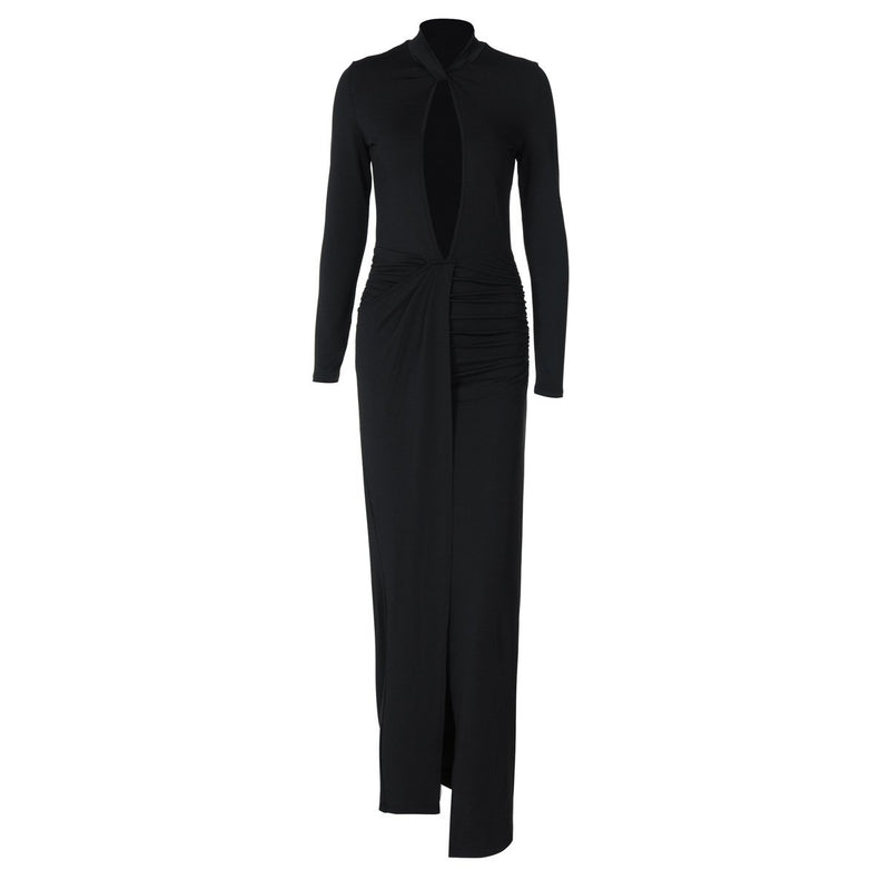 Long sleeve hollow out high slit ruched maxi dress