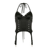 Top liso sin espalda, cuello en V y lazo tipo halter 