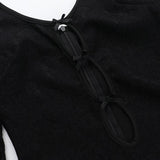 Hollow out zip-up bowknot lace hem long sleeve romper