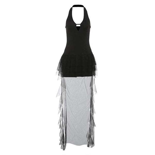 Minivestido de malla con volantes y escote halter, sin espalda 