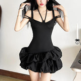 Halter self tie hollow out ruched solid mini dress