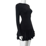 Vestido mini liso con cuello redondo y manga larga fruncida 