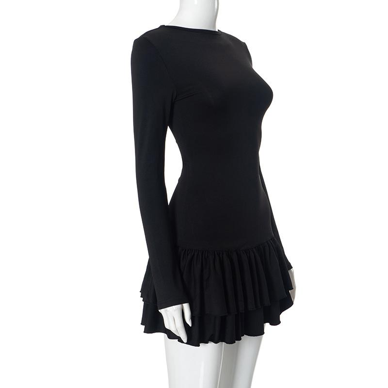 Vestido mini liso con cuello redondo y manga larga fruncida 
