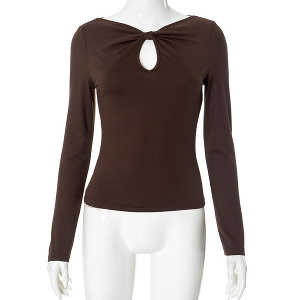 Knotted hollow out long sleeve v neck ruched top