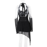 Vestido mini de manga larga con cuello en V, lazo y halter con purpurina 
