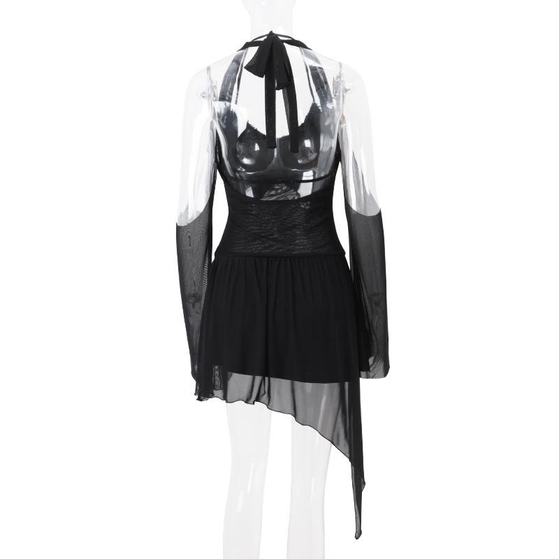 Vestido mini de manga larga con cuello en V, lazo y halter con purpurina 