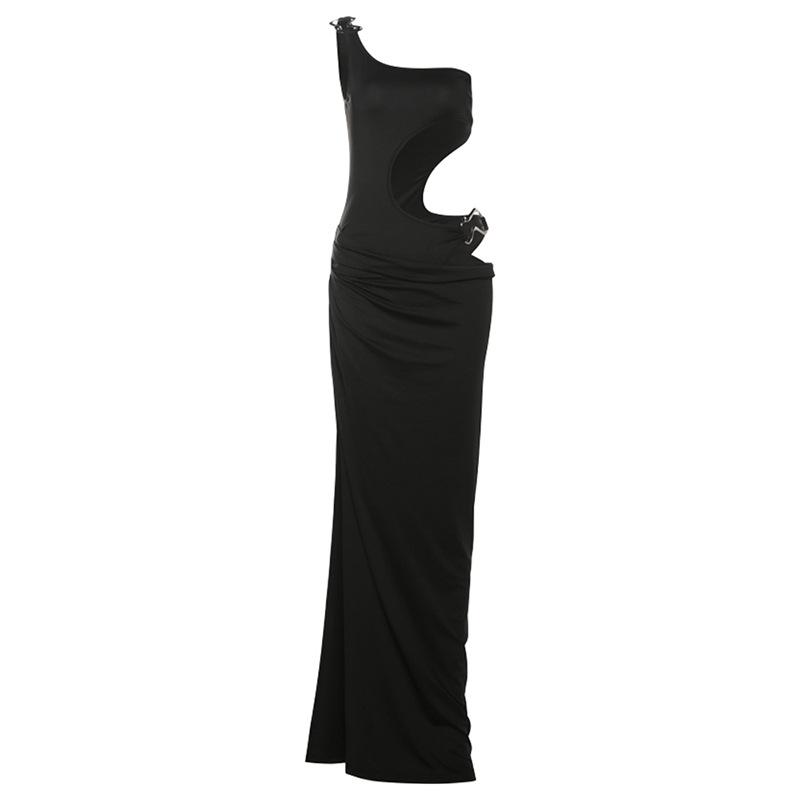 Robe longue irrégulière à une épaule, ajourée et fendue haute 