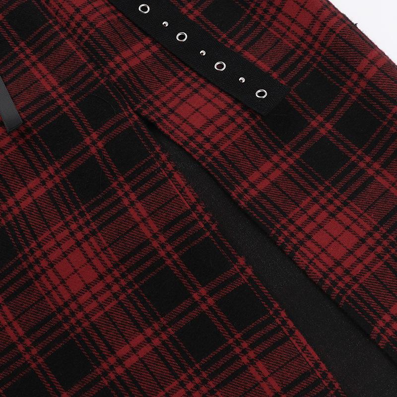 Hollow out plaid print lace up lace slit midi dress
