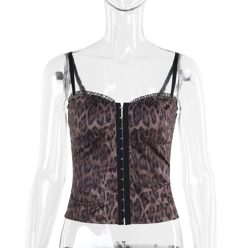 Top camisola sin espalda con volantes y estampado de leopardo con cuello en V 