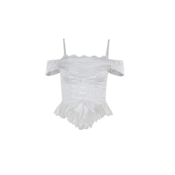 Haut caraco corset à lacets avec ourlet en dentelle et épaules dénudées 