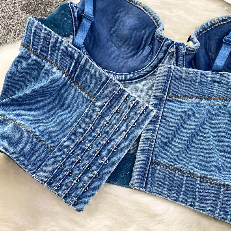 Beaded denim v neck backless cami top