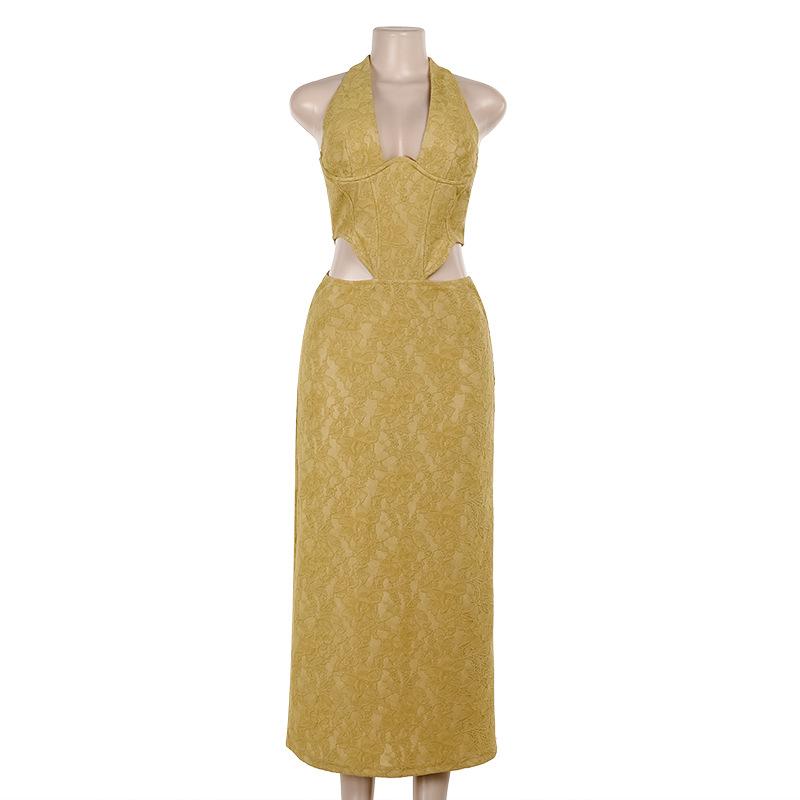Halter self tie hollow out slit zip-up lace maxi dress